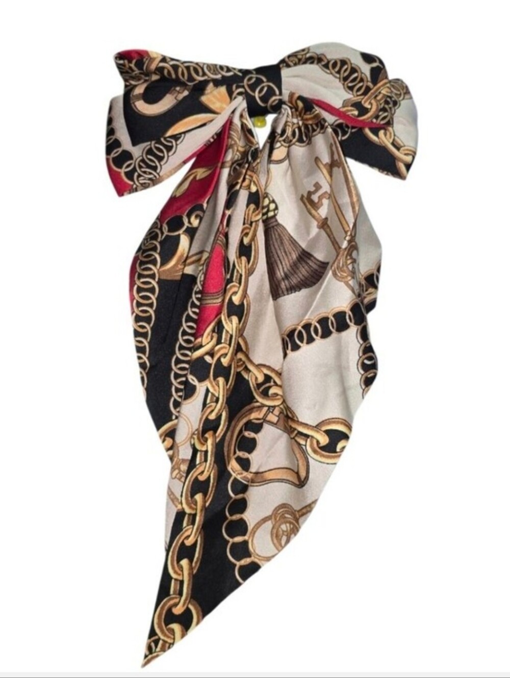 Chain-Print Bow Hair Scarf - Black, Red, Cream - Picture 2 of 3